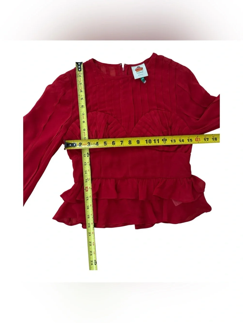 FARM Rio Red Ruffled Sheer Long-Sleeve Peplum Blouse Size Small